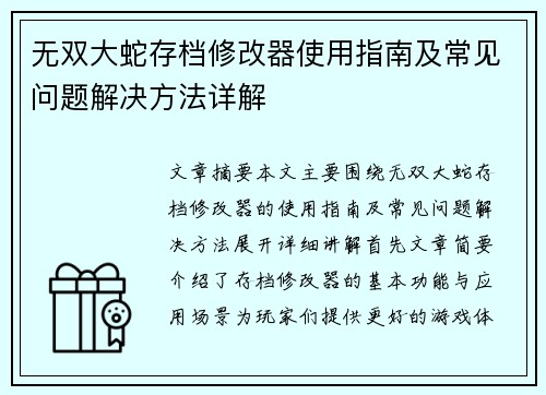 无双大蛇存档修改器使用指南及常见问题解决方法详解